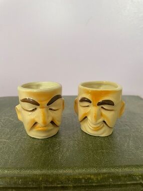 Vintage Ceramic Face Egg Cups - Set of 2 - Beige/Tan